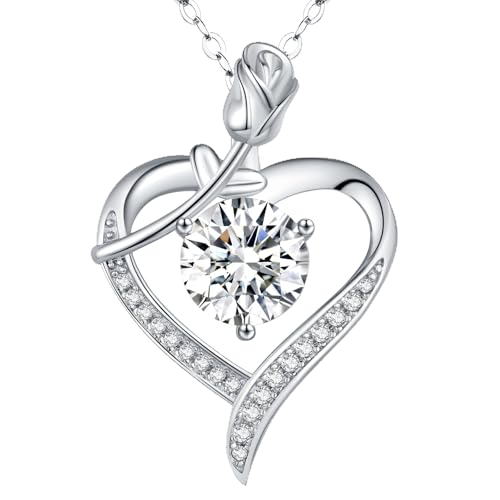 Rose Heart Pendant Necklace for Wife Moissanite Lab-Created Gem Jewelry for Women I Love You Wedding Anniversary Birthday Christmas Valentines Engagements Mothers Day for Her Girlfriend Mom Daughter